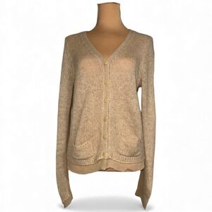 MODA INTERNATIONAL Beige Knit Cardigan Sweater with‎ Silk Trim Size S